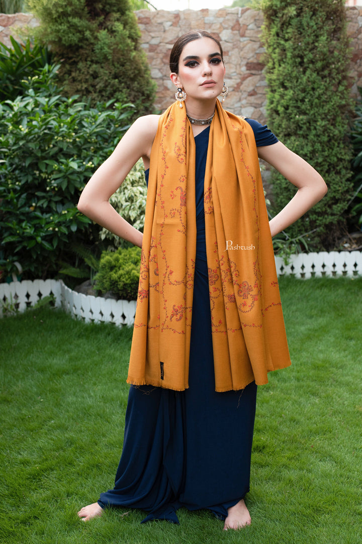 Pashtush India Womens Shawls Pashtush womens Shawl, hand embroidery design, Mustard