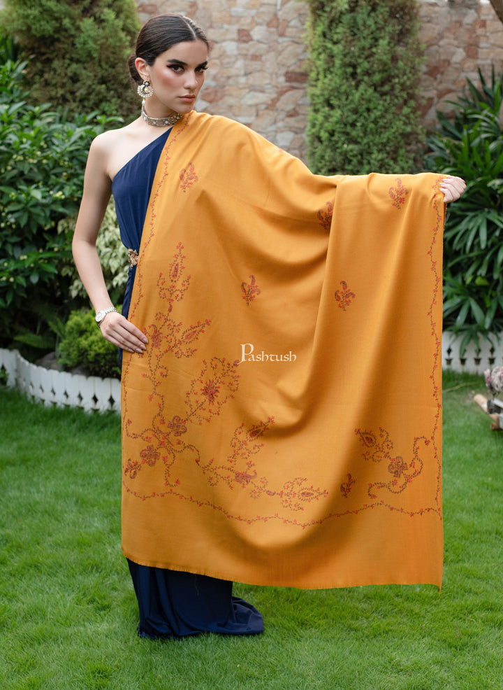 Pashtush India Womens Shawls Pashtush womens Shawl, hand embroidery design, Mustard