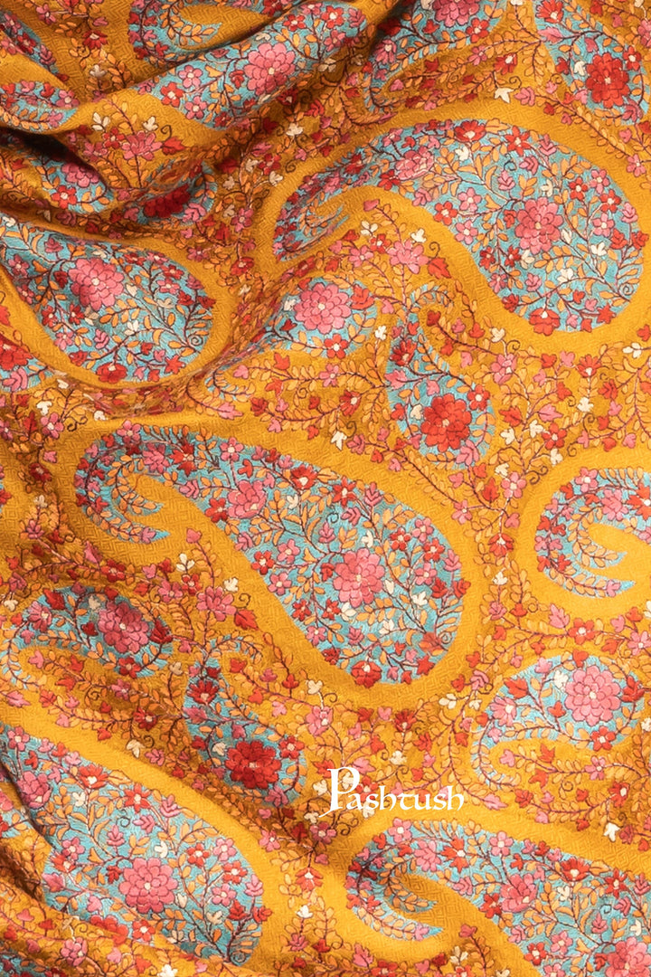 Pashtush India Womens Shawls Pashtush Womens Shawl, Intricate Kashmiri Embroidery, Fine Wool, Jama Jaal, Mustard