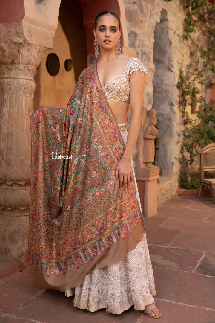 Pashtush India Womens Shawls Pashtush Womens Shawl, Kashmiri Tilla Embroidery, Royal Gardens of Paradise, Fine Wool, Taupe