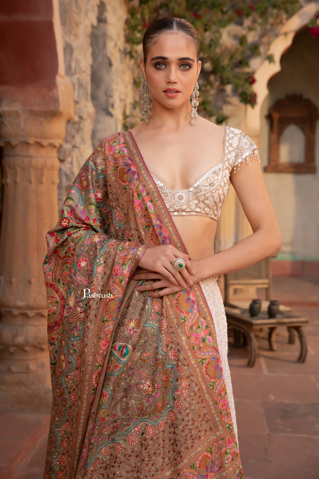 Pashtush India Womens Shawls Pashtush Womens Shawl, Kashmiri Tilla Embroidery, Royal Gardens of Paradise, Fine Wool, Taupe