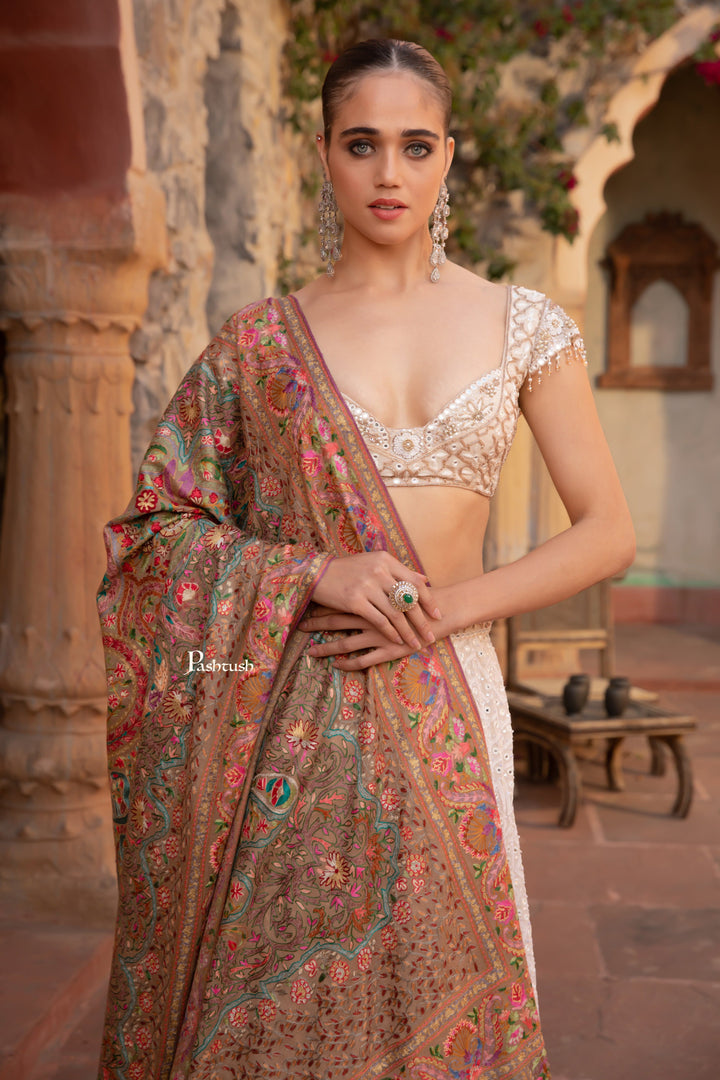 Pashtush India Womens Shawls Pashtush Womens Shawl, Kashmiri Tilla Embroidery, Royal Gardens of Paradise, Fine Wool, Taupe