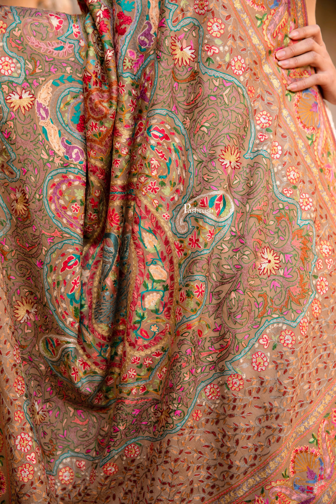 Pashtush India Womens Shawls Pashtush Womens Shawl, Kashmiri Tilla Embroidery, Royal Gardens of Paradise, Fine Wool, Taupe
