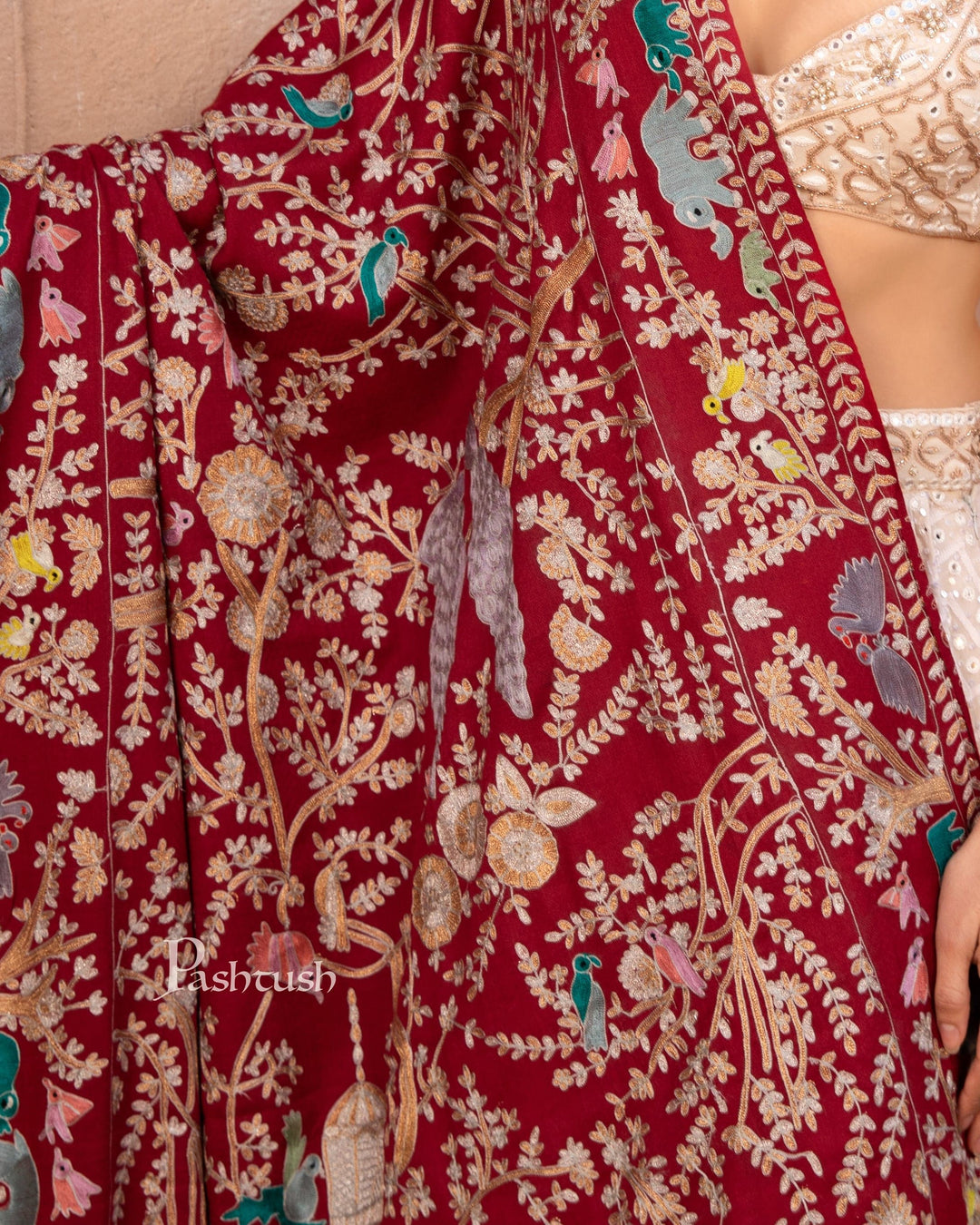 Pashtush India Womens Shawls Pashtush Womens Shawl, Kashmiri Yilla Embroidery, Royal Gardens of Paradise, Fine Wool, Crimson