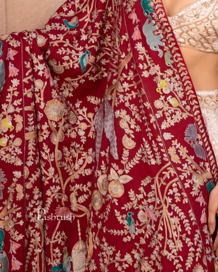 Pashtush India Womens Shawls Pashtush Womens Shawl, Kashmiri Yilla Embroidery, Royal Gardens of Paradise, Fine Wool, Crimson