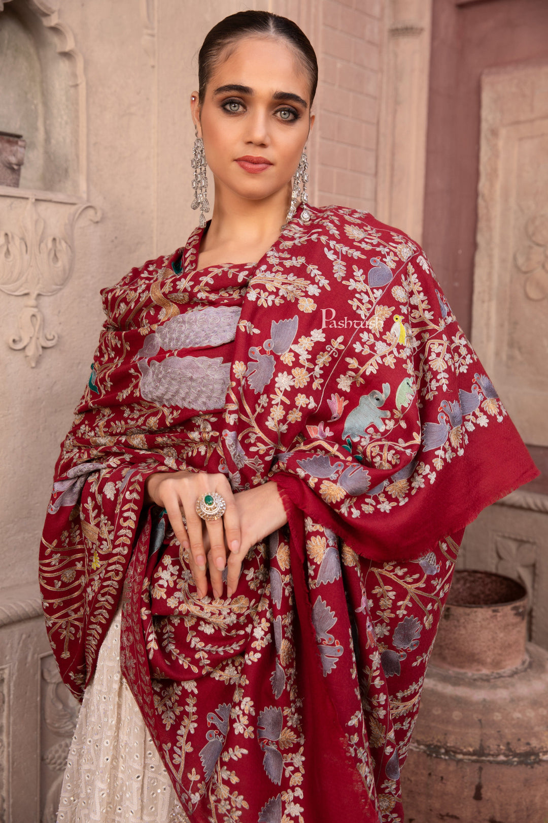 Pashtush India Womens Shawls Pashtush Womens Shawl, Kashmiri Yilla Embroidery, Royal Gardens of Paradise, Fine Wool, Crimson