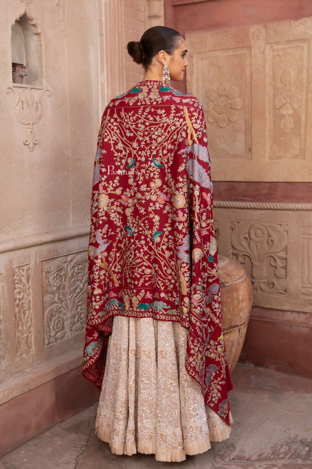 Pashtush India Womens Shawls Pashtush Womens Shawl, Kashmiri Yilla Embroidery, Royal Gardens of Paradise, Fine Wool, Crimson