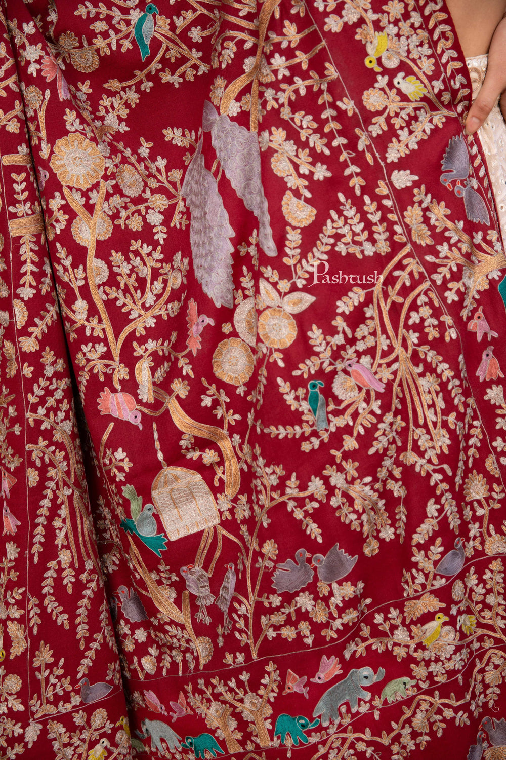 Pashtush India Womens Shawls Pashtush Womens Shawl, Kashmiri Yilla Embroidery, Royal Gardens of Paradise, Fine Wool, Crimson