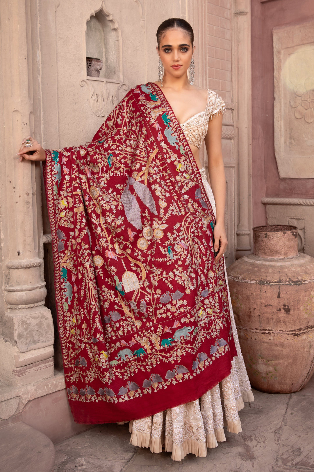 Pashtush India Womens Shawls Pashtush Womens Shawl, Kashmiri Yilla Embroidery, Royal Gardens of Paradise, Fine Wool, Crimson