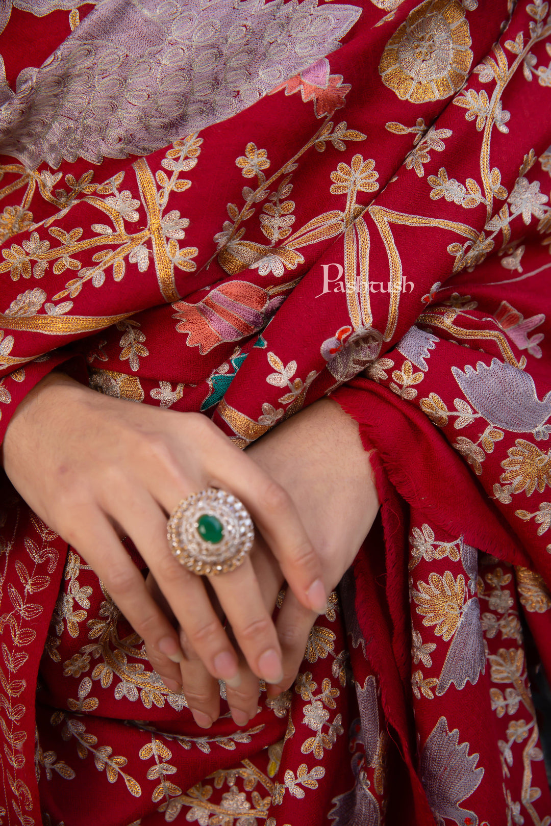 Pashtush India Womens Shawls Pashtush Womens Shawl, Kashmiri Yilla Embroidery, Royal Gardens of Paradise, Fine Wool, Crimson