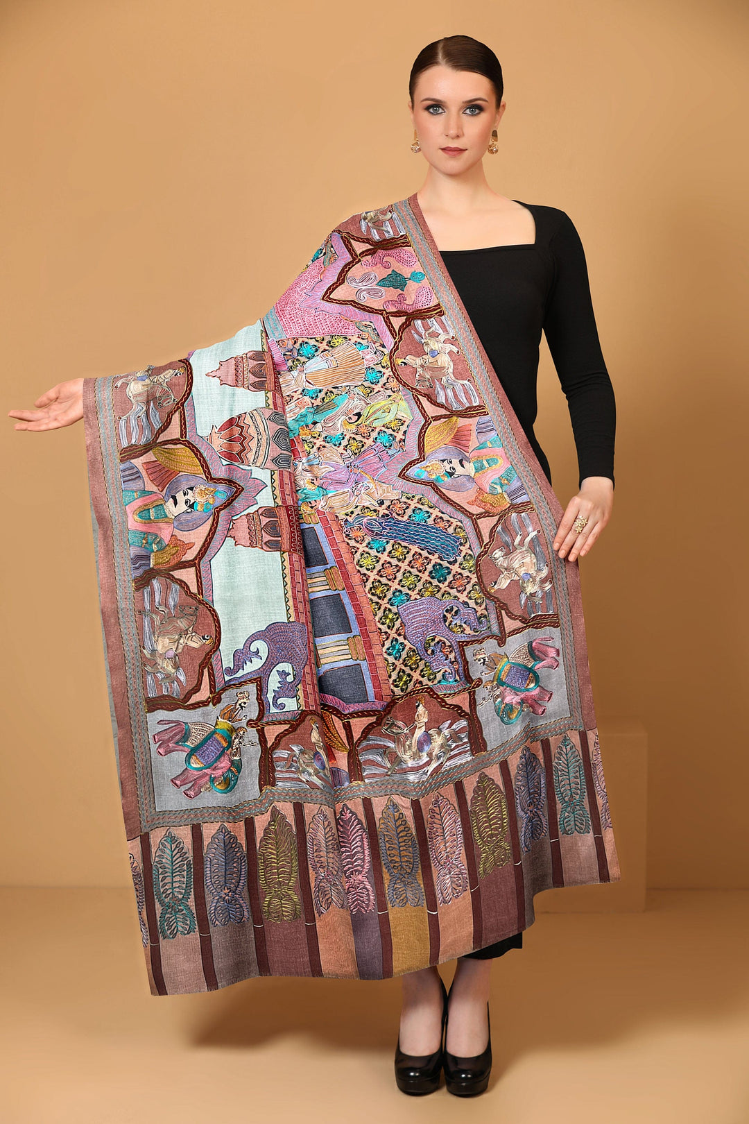 Pashtush India Womens Shawls Pashtush Womens Shawl, The Royal Darbar, Hand Embroidered Tilla Work With Resham, Soft Fine Wool
