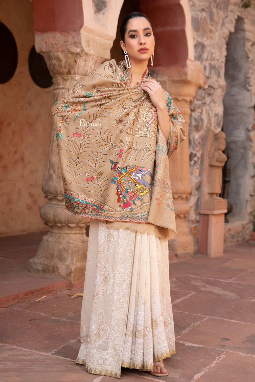 Pashtush India Womens Shawls Pashtush Womens Shawl, Tilla Embroidery, Raj Darbar, Silk Wool, Beige