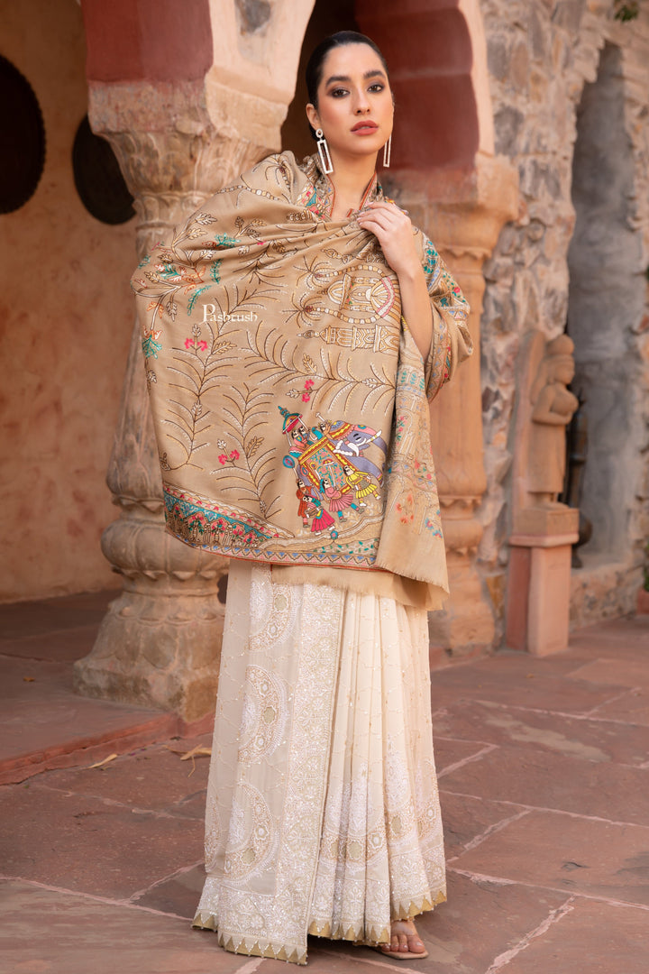 Pashtush India Womens Shawls Pashtush Womens Shawl, Tilla Embroidery, Raj Darbar, Silk Wool, Beige