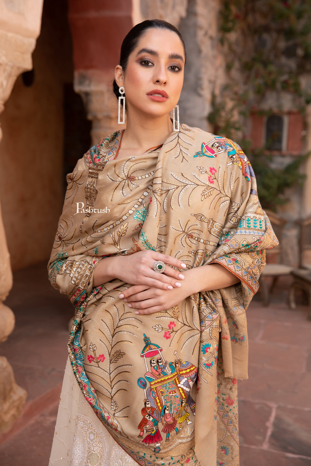 Pashtush India Womens Shawls Pashtush Womens Shawl, Tilla Embroidery, Raj Darbar, Silk Wool, Beige