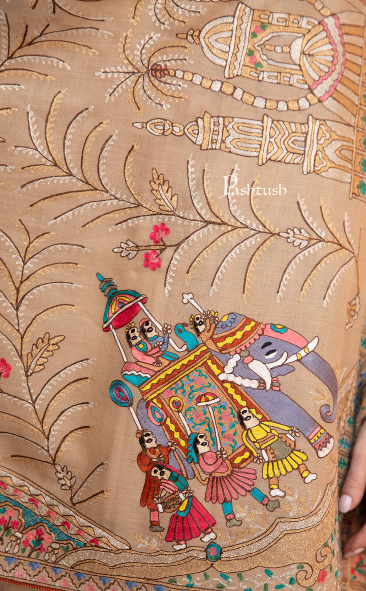 Pashtush India Womens Shawls Pashtush Womens Shawl, Tilla Embroidery, Raj Darbar, Silk Wool, Beige