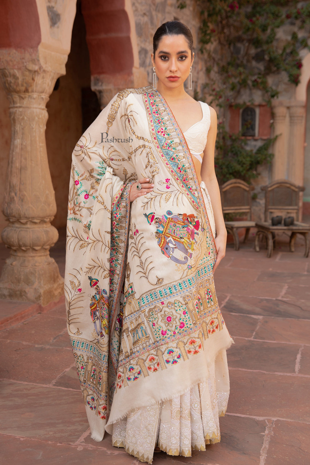 Pashtush India Womens Shawls Pashtush Womens Shawl, Tilla Embroidery, Raj Darbar, Silk Wool, Ivory