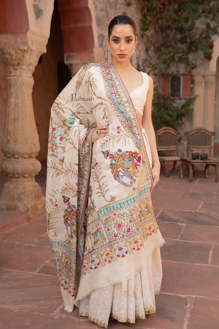 Pashtush India Womens Shawls Pashtush Womens Shawl, Tilla Embroidery, Raj Darbar, Silk Wool, Ivory