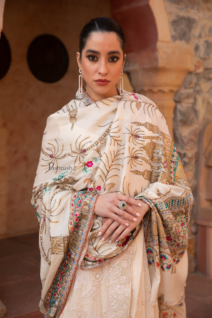 Pashtush India Womens Shawls Pashtush Womens Shawl, Tilla Embroidery, Raj Darbar, Silk Wool, Ivory