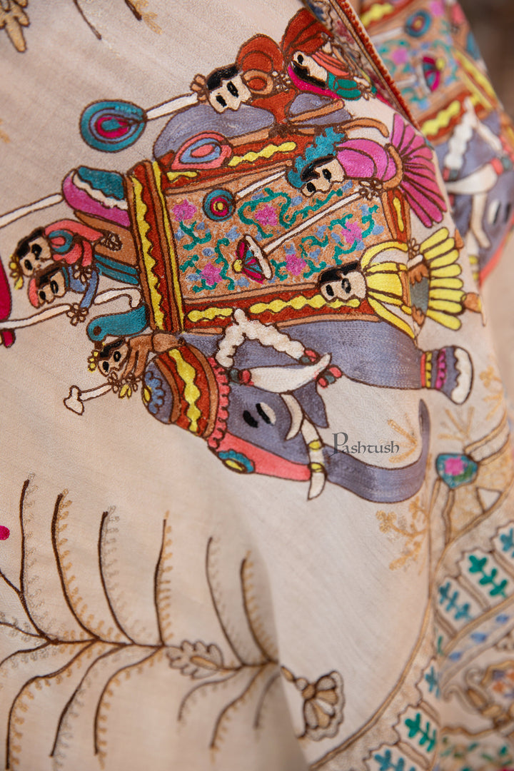 Pashtush India Womens Shawls Pashtush Womens Shawl, Tilla Embroidery, Raj Darbar, Silk Wool, Ivory