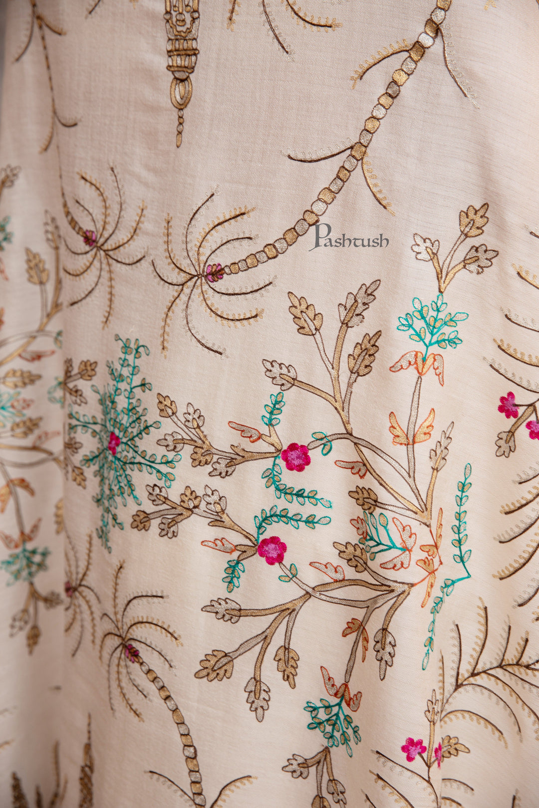 Pashtush India Womens Shawls Pashtush Womens Shawl, Tilla Embroidery, Raj Darbar, Silk Wool, Ivory