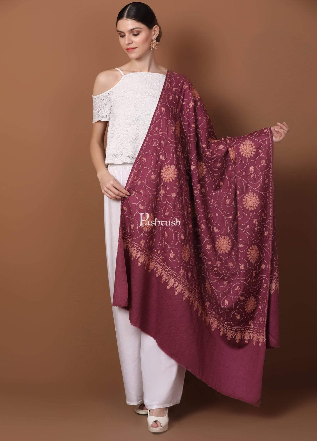 Pashtush Shawl Store Shawl Pashtush Womens Shawl, Tone on Tone Embroidery, Soft, Light and Warm, Peel Lilac