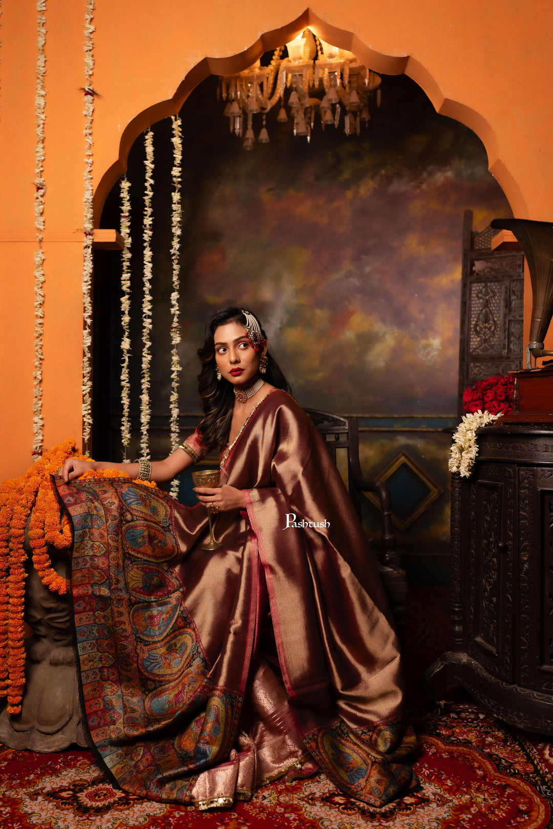 Pashtush India Womens Shawls Pashtush Womens Shawl, Twilight Collection, Fine Wool, Amber and Gold