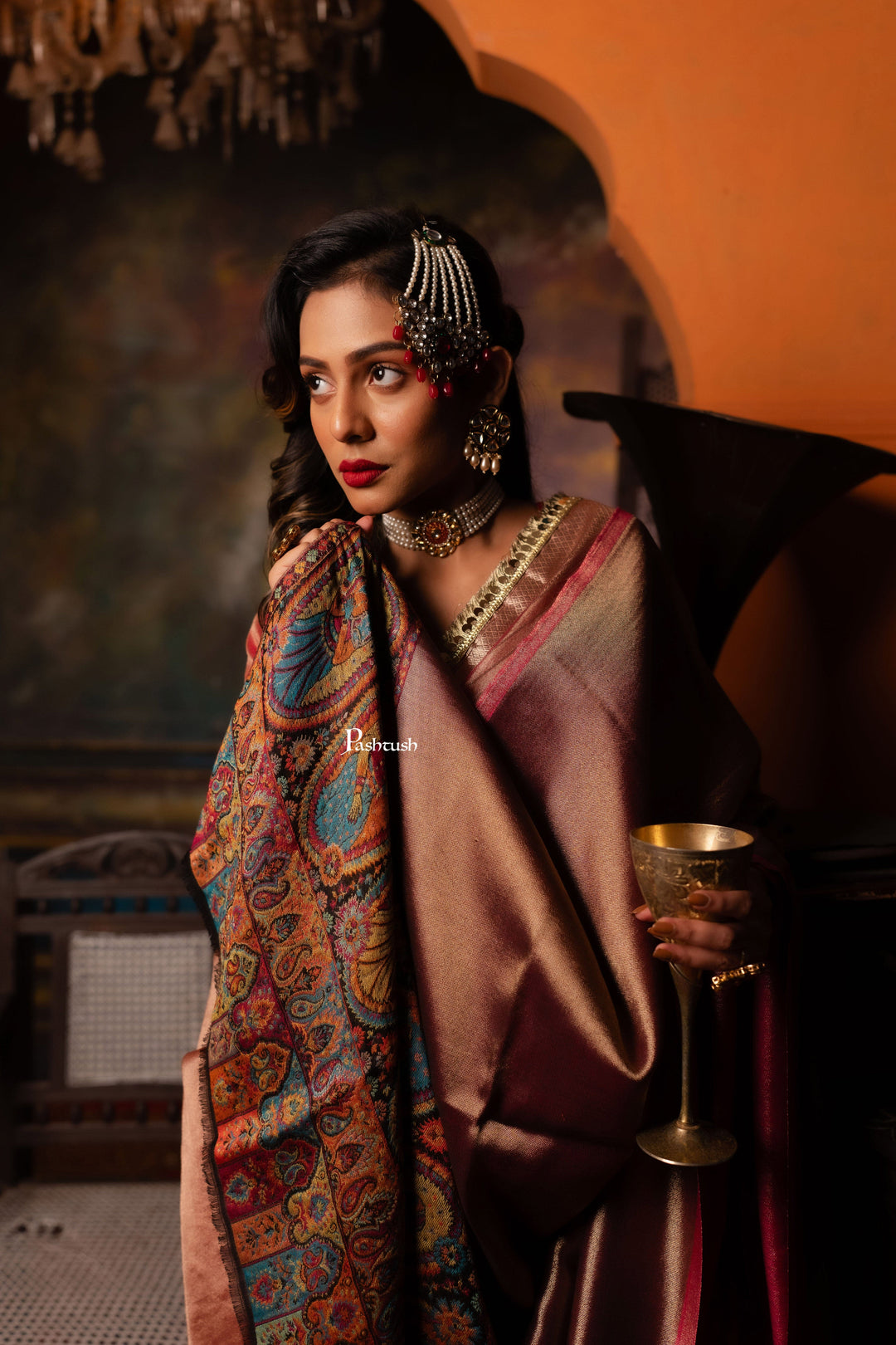 Pashtush India Womens Shawls Pashtush Womens Shawl, Twilight Collection, Fine Wool, Amber and Gold