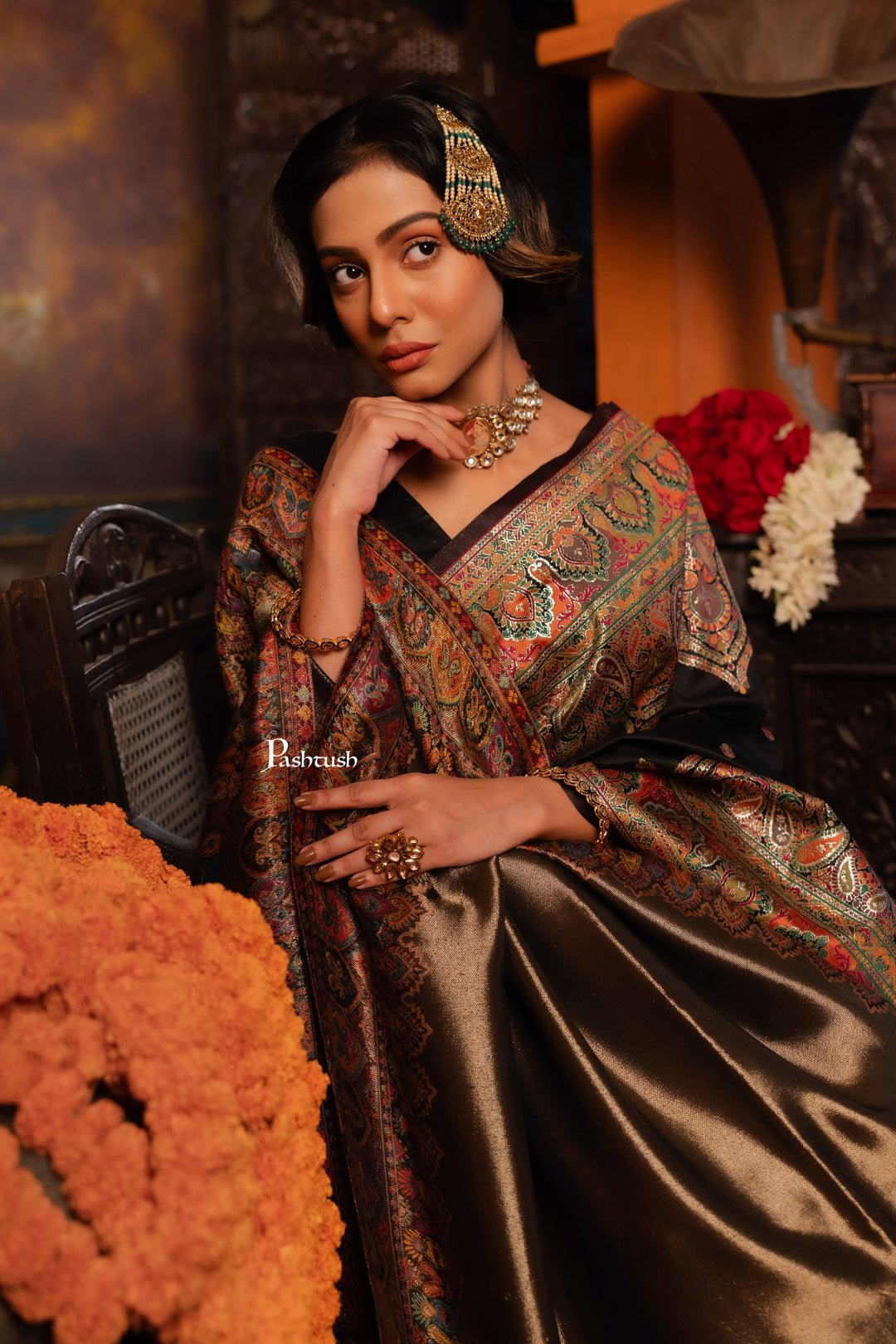 Pashtush India Womens Shawls Pashtush Womens Shawl, Twilight Collection, Fine Wool, Amber and Gold