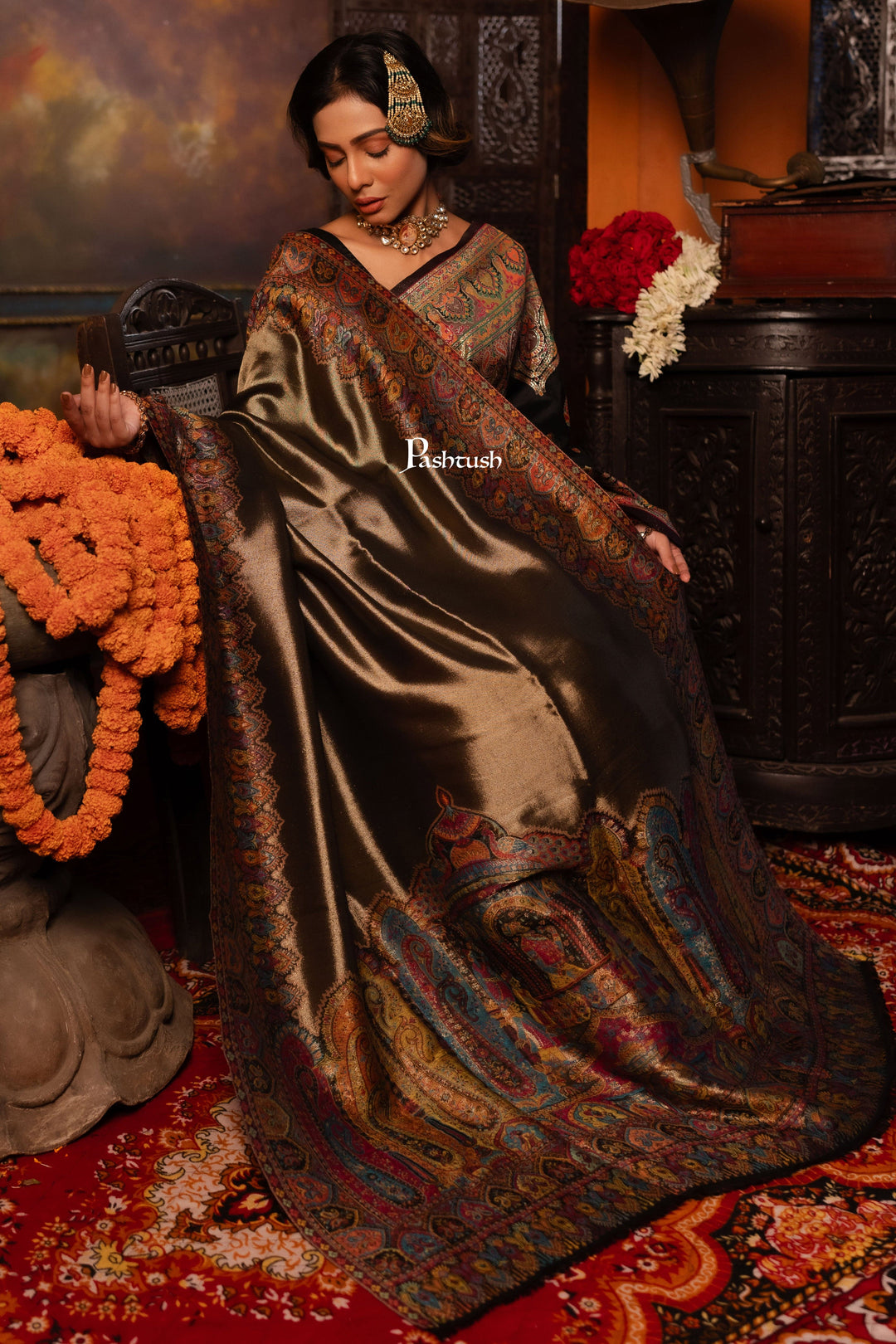 Pashtush India Womens Shawls Pashtush Womens Shawl, Twilight Collection, Fine Wool, Amber and Gold