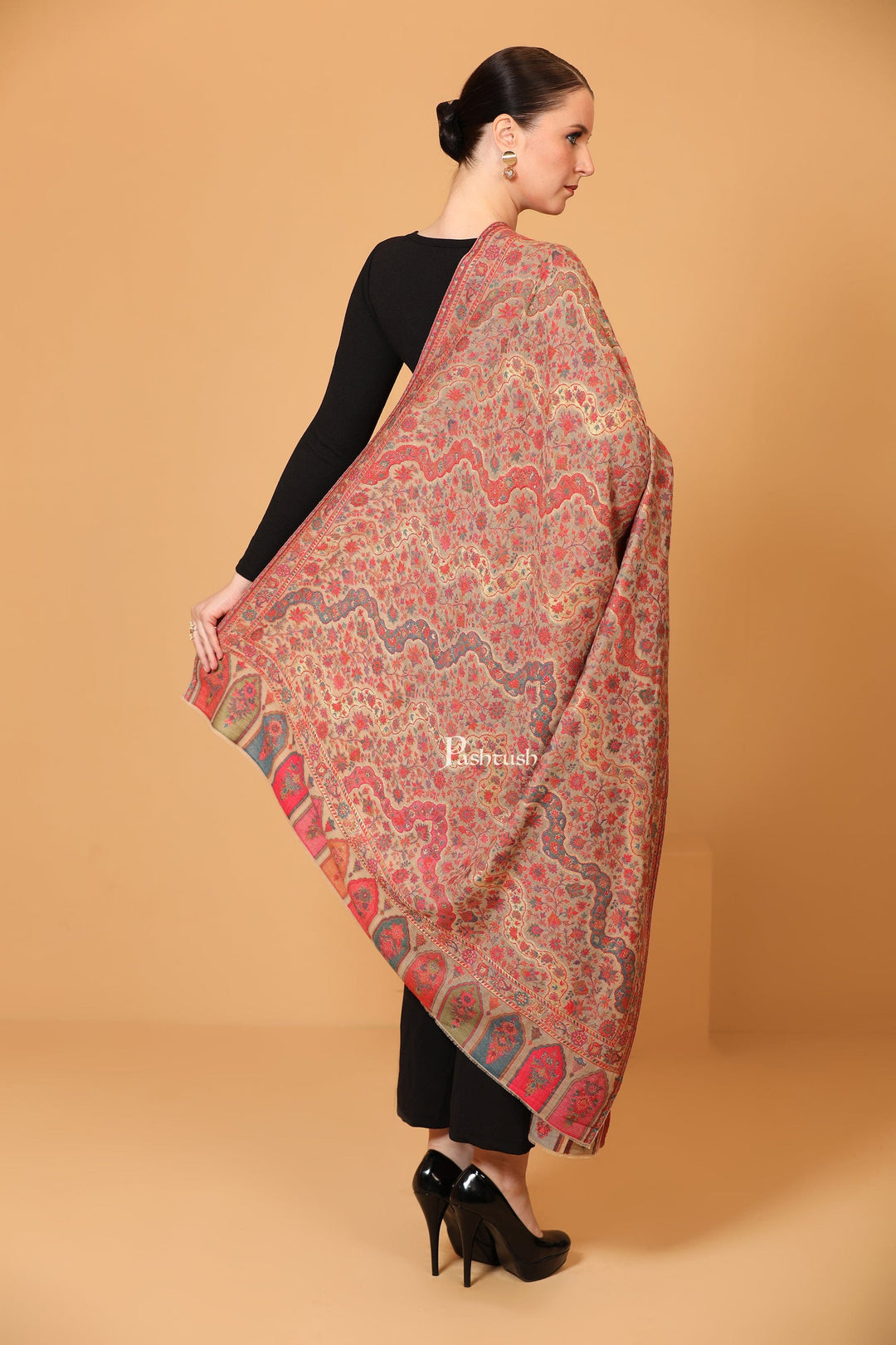 Pashtush India Womens Shawls Pashtush Womens Shawl, Twilight Collection, Metallic Ethnic Weave Design, Pastel Beige