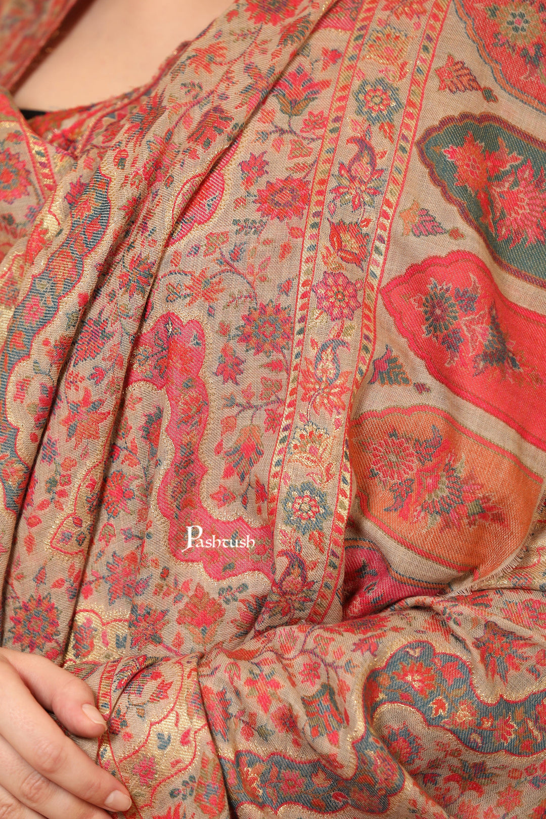 Pashtush India Womens Shawls Pashtush Womens Shawl, Twilight Collection, Metallic Ethnic Weave Design, Pastel Beige