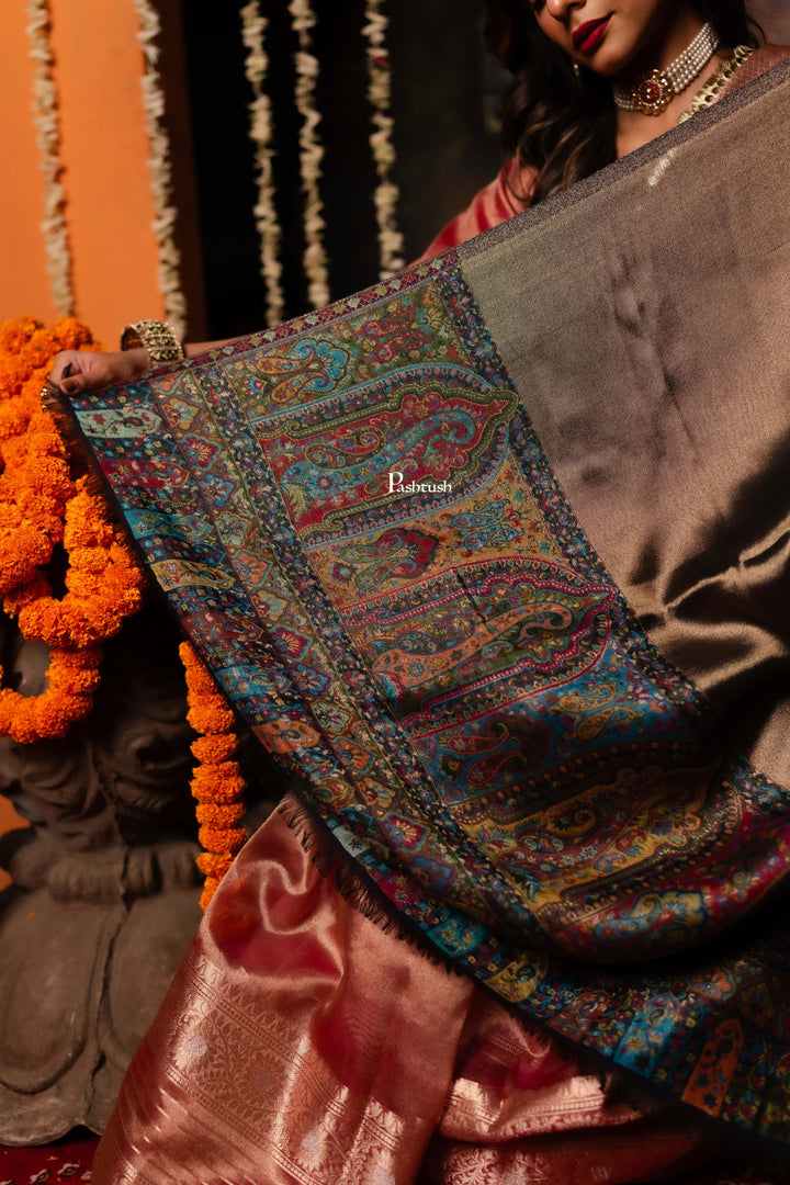Pashtush India Womens Shawls Pashtush Womens Shawl, Twilight Collection, Palla border weave Fine Wool, Amber and Gold
