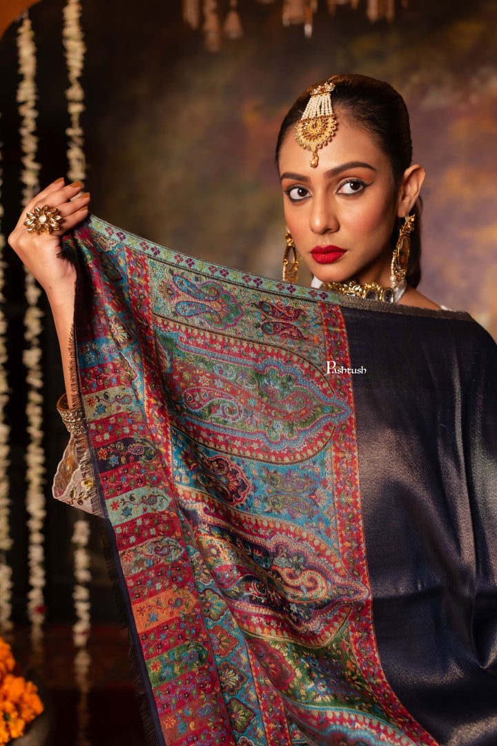 Pashtush India Womens Shawls Pashtush Womens Shawl, Twilight Collection, Palla border weave Fine Wool, Royal Blue and Gold