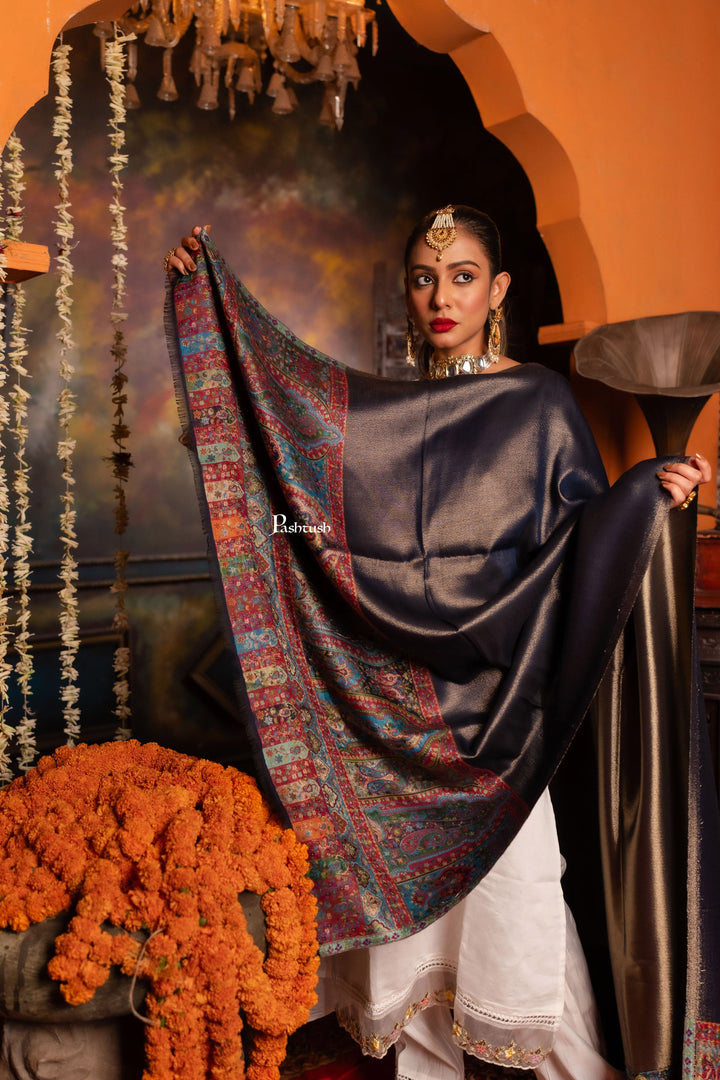Pashtush India Womens Shawls Pashtush Womens Shawl, Twilight Collection, Palla border weave Fine Wool, Royal Blue and Gold