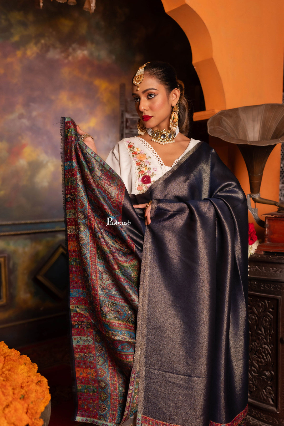 Pashtush India Womens Shawls Pashtush Womens Shawl, Twilight Collection, Palla border weave Fine Wool, Royal Blue and Gold