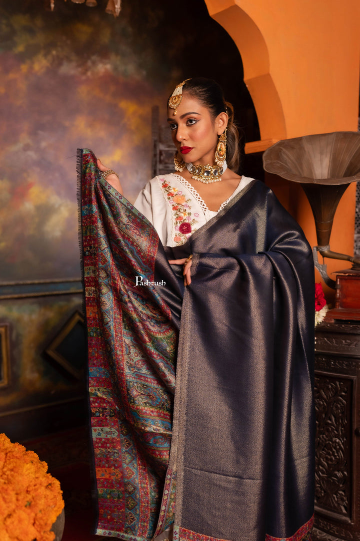 Pashtush India Womens Shawls Pashtush Womens Shawl, Twilight Collection, Palla border weave Fine Wool, Royal Blue and Gold