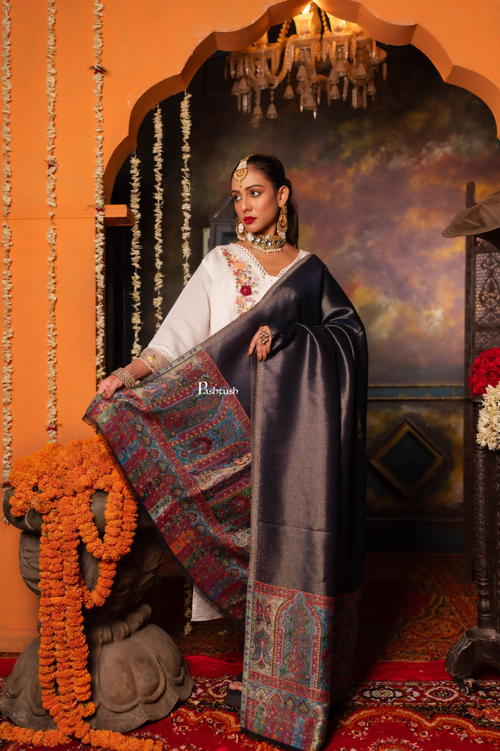 Pashtush India Womens Shawls Pashtush Womens Shawl, Twilight Collection, Palla border weave Fine Wool, Royal Blue and Gold