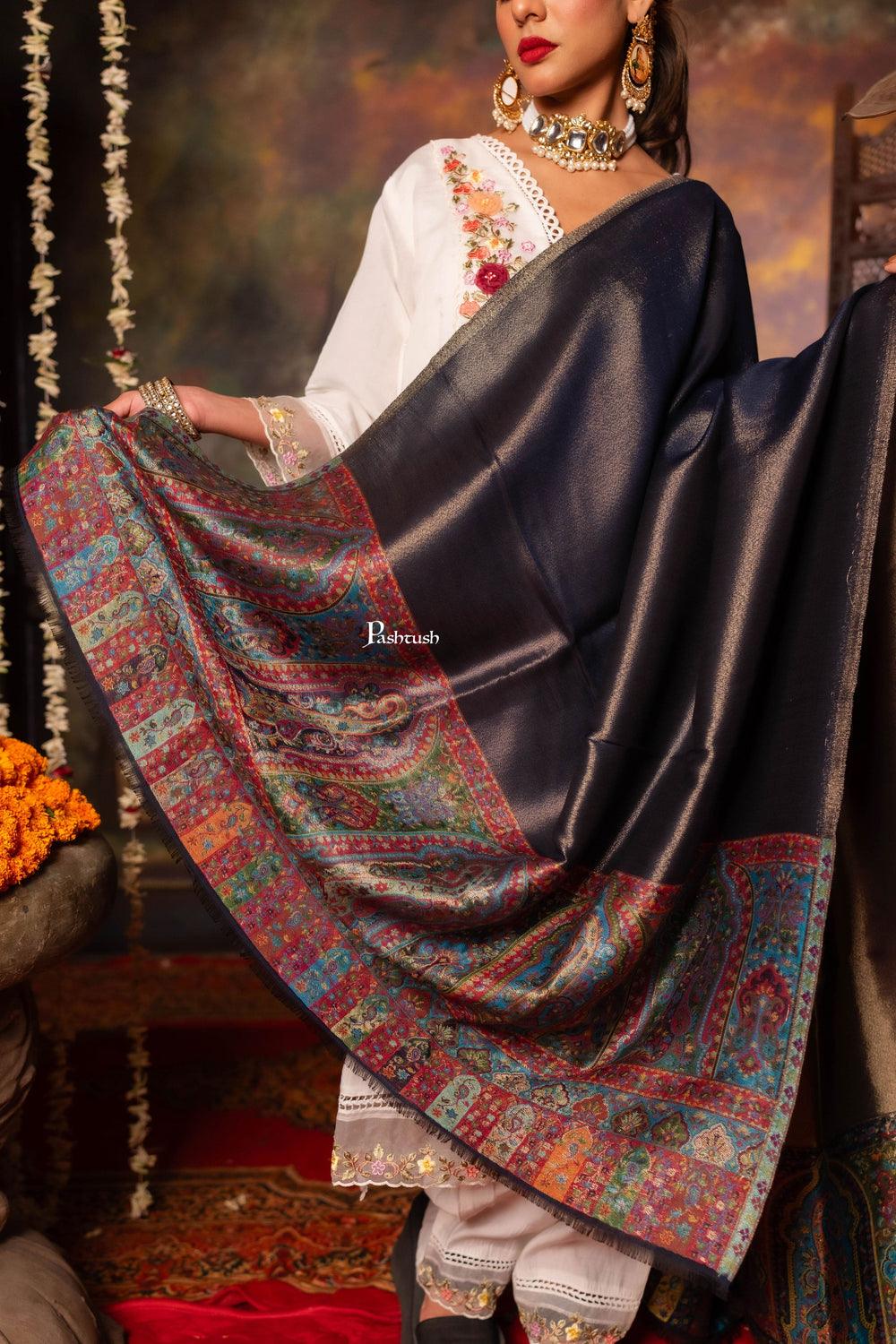 Pashtush India Womens Shawls Pashtush Womens Shawl, Twilight Collection, Palla border weave Fine Wool, Royal Blue and Gold