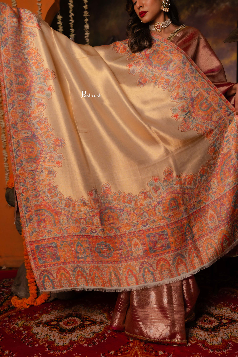 Pashtush India Womens Shawls Pashtush Womens Shawl, Twilight Design, Beige