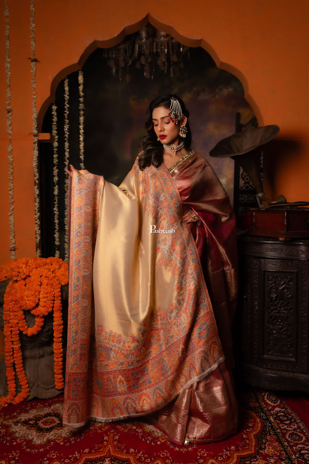 Pashtush India Womens Shawls Pashtush Womens Shawl, Twilight Design, Beige