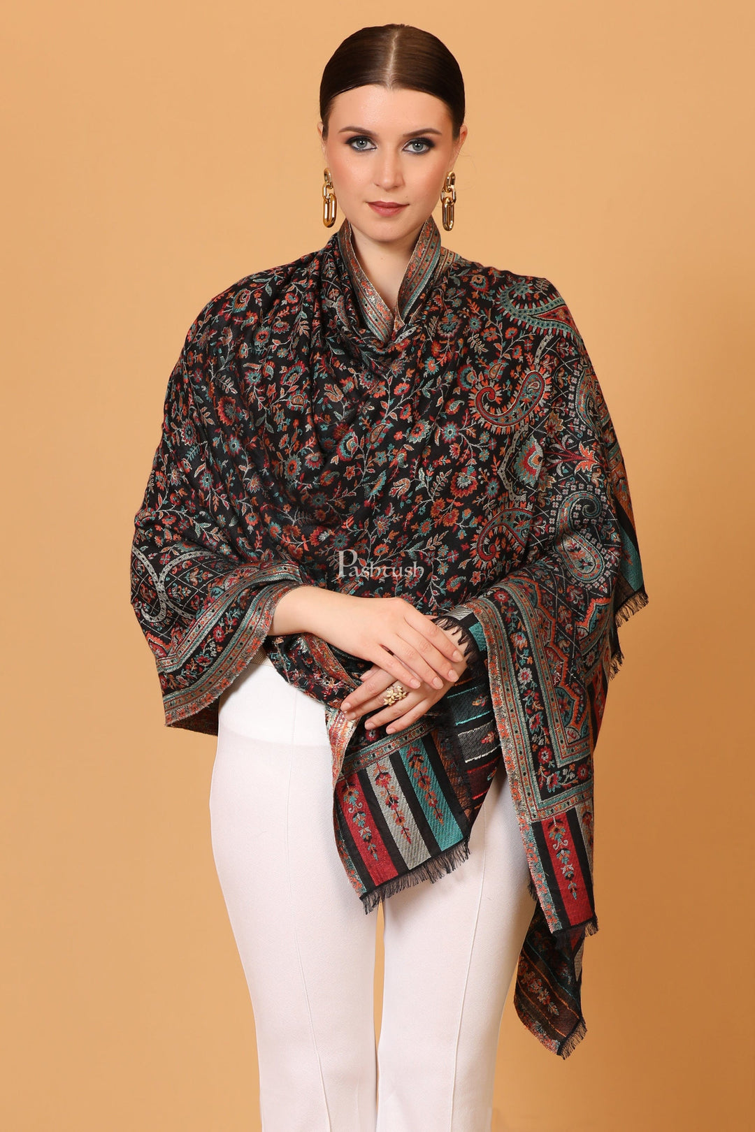Pashtush India Womens Shawls Pashtush Womens Shawl, With Antique Paisley Weave, Woven Design, Faux Pashmina, Black