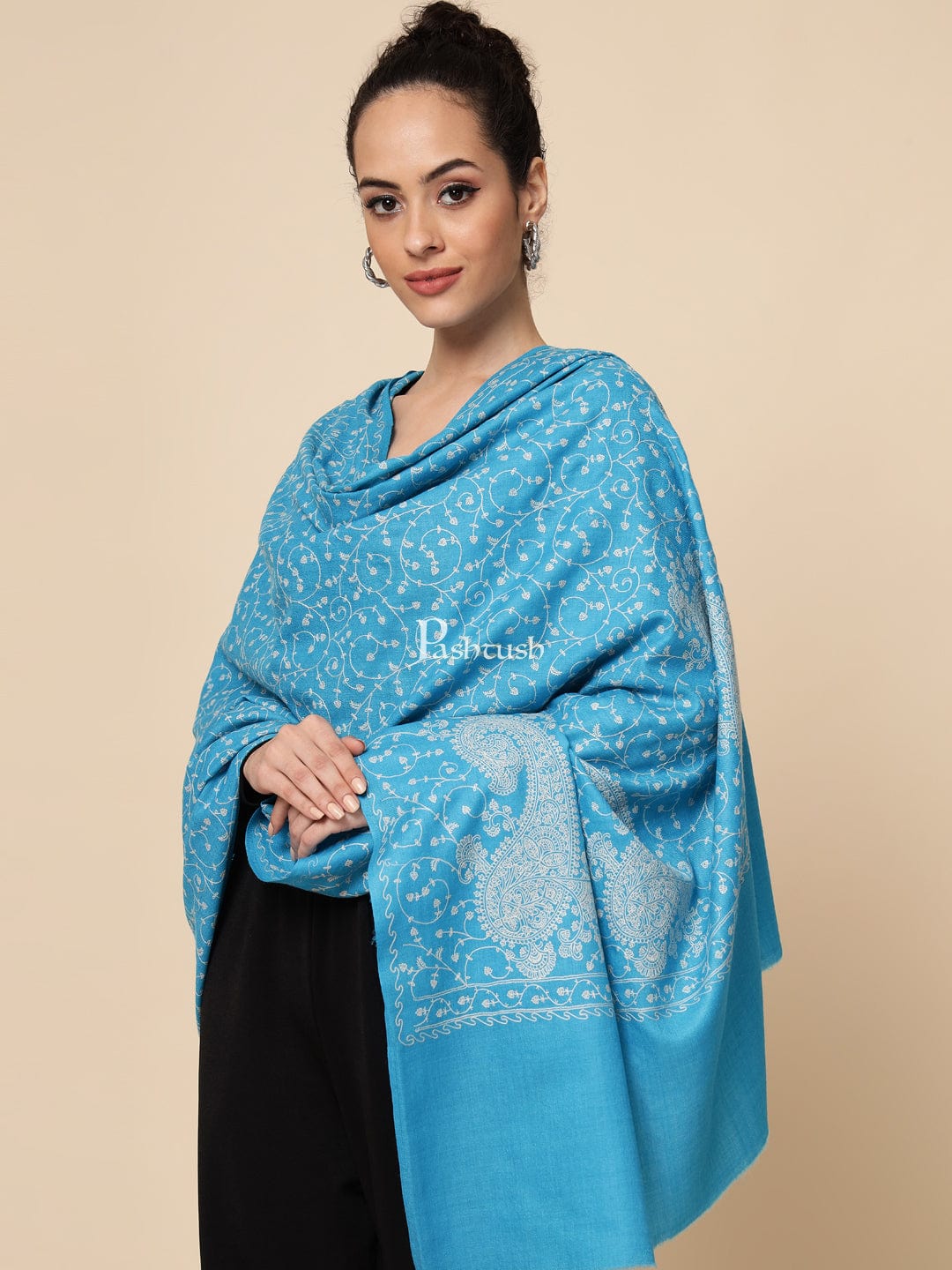 Pashtush India Womens Shawls Pashtush Womens Shawl With Tone On Tone Embroidery, Soft And Warm, Light Weight, Aqua Blue