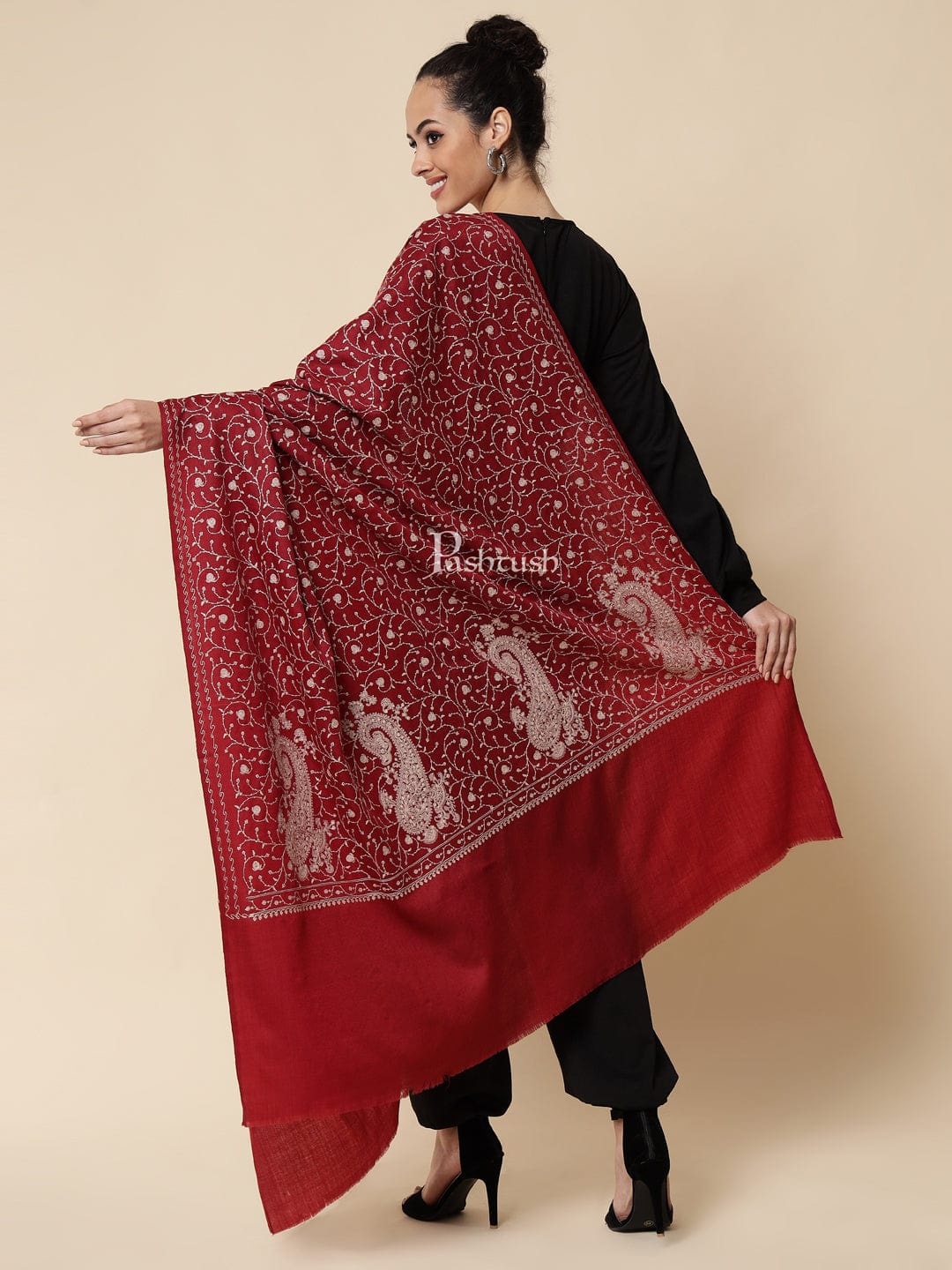 Pashtush India Womens Shawls Pashtush Womens Shawl With Tone On Tone Embroidery, Soft And Warm, Light Weight, Maroon