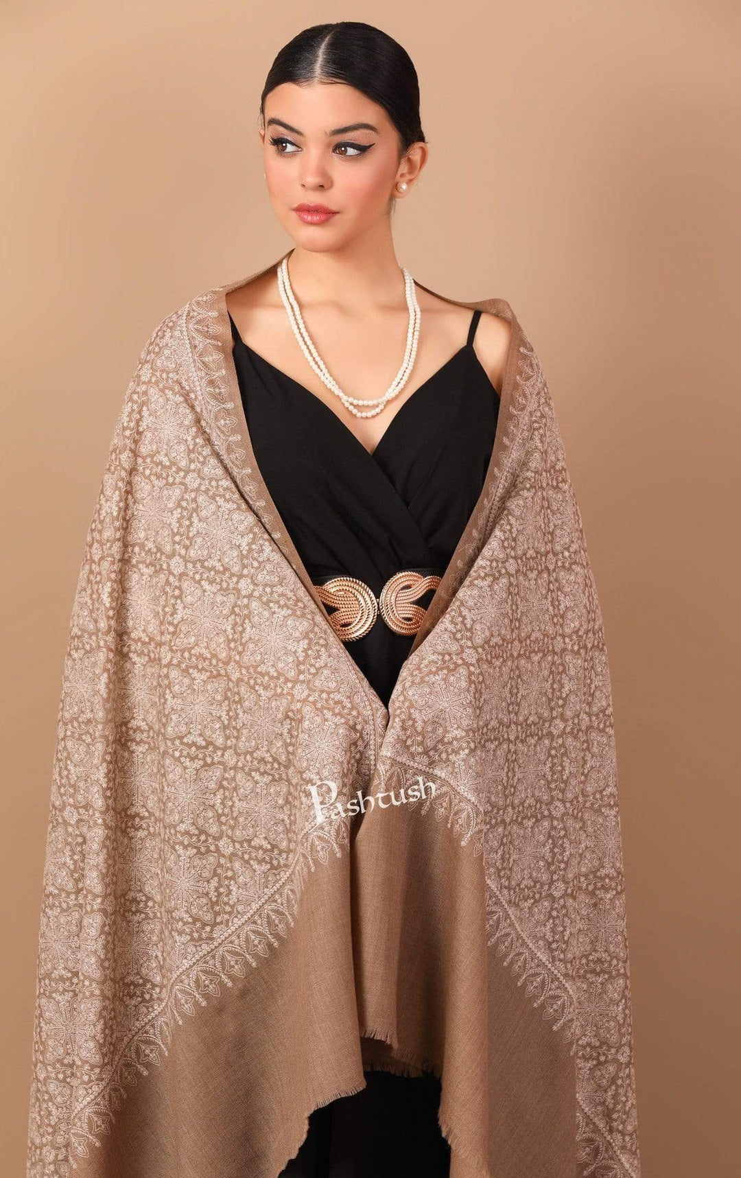 Pashtush India Shawl Pashtush Womens Shawl with Tone on Tone Embroidery, Soft and Warm, Taupe