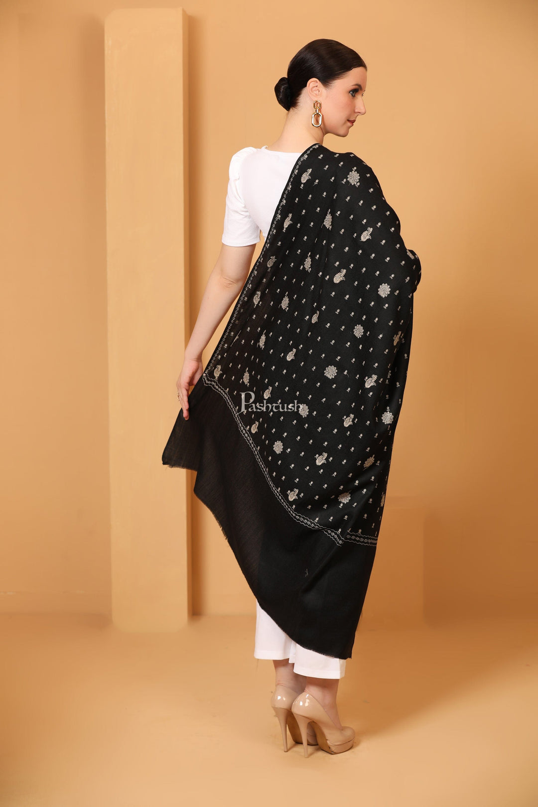 Pashtush India Womens Shawls Pashtush Womens Shawl With Tone On Tone Embroidery, Soft, Warm, Light Weight, Black
