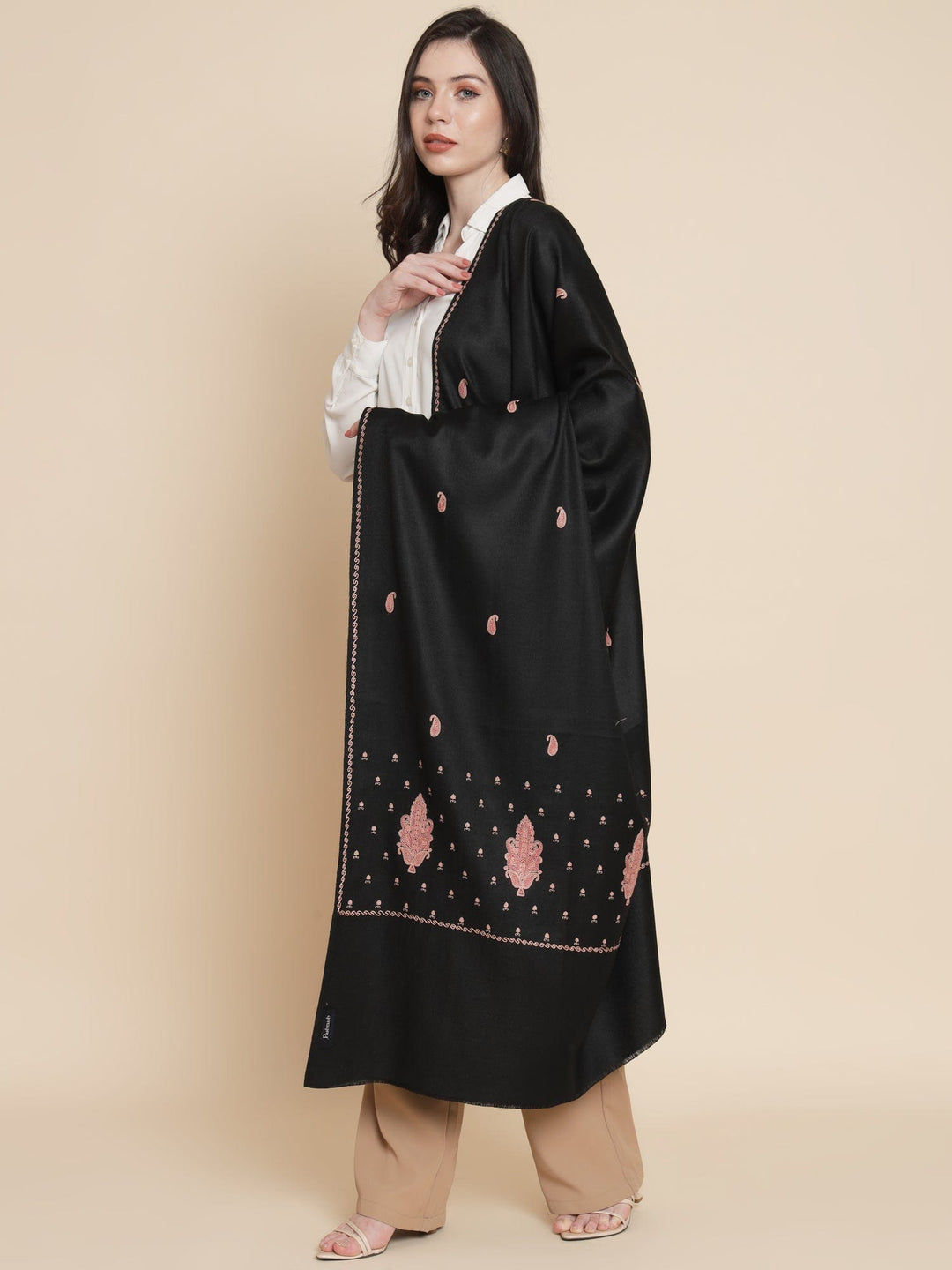 Pashtush India Womens Shawls Pashtush Womens Shawl, Woollen, Ethnic Motif Kashmiri Embroidery, Black
