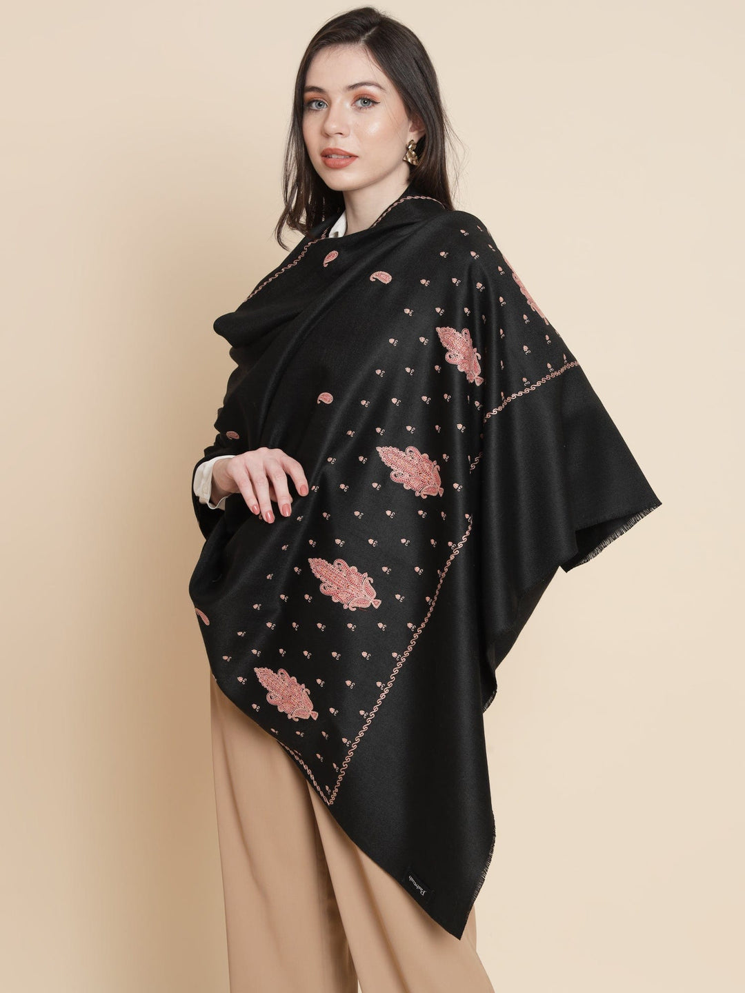 Pashtush India Womens Shawls Pashtush Womens Shawl, Woollen, Ethnic Motif Kashmiri Embroidery, Black