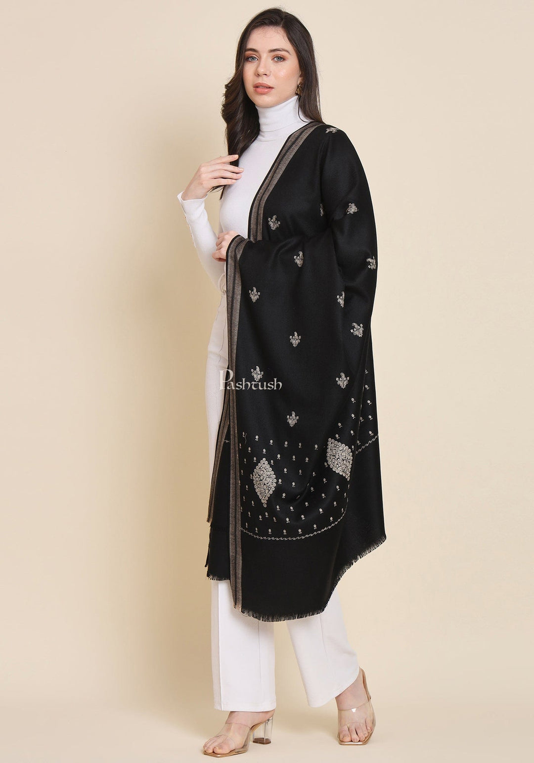 Pashtush India Womens Shawls Pashtush Womens Shawl, Woollen, Ethnic Motif Kashmiri Embroidery, Black
