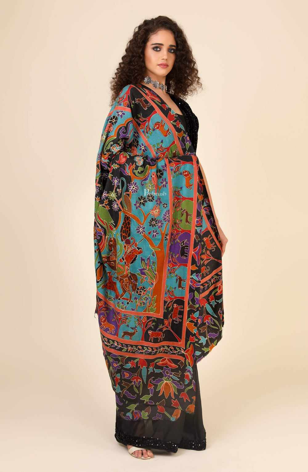 Pashtush India 114x228 Pashtush Womens Shikaar-Dar Hand Embroidered, Shawl In Fine Wool