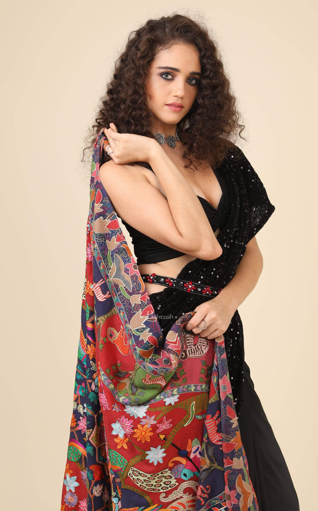 Pashtush India 114x228 Pashtush Womens Shikaar-Dar Hand Embroidered, Shawl In Fine Wool